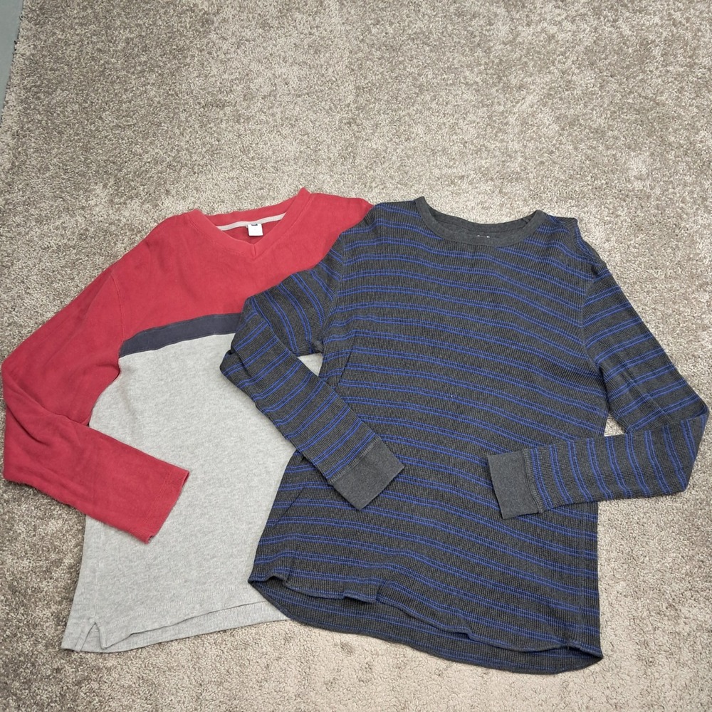 Gap Mens XL Waffle Knit Thermal Long Sleeve Shirt Lot 2 Colorblock Striped Red